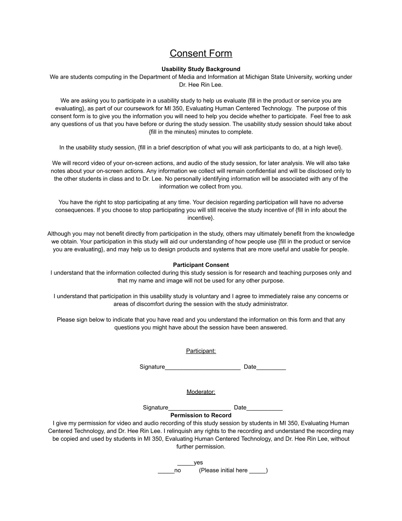 Blank usability study consent form covering study background, participant consent, and permission to record