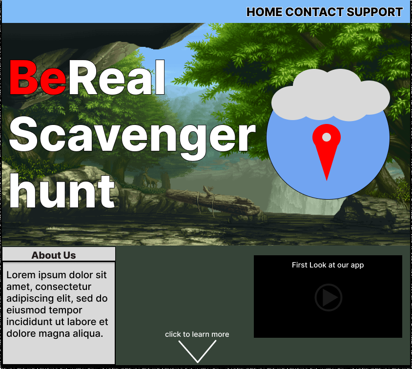 Finished visual comp of the BeReal Scavenger Hunt homepage with forest background and red wordmark
