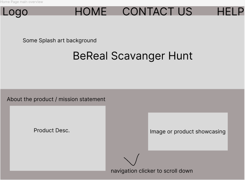 Low-fidelity wireframe of the BeReal Scavenger Hunt homepage layout