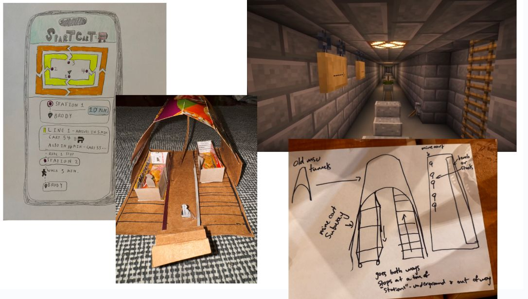 SpartCart brainstorming process: a hand-drawn app sketch, a cardboard minecart mockup, a Minecraft-rendered tunnel render, and a tunnel system sketch