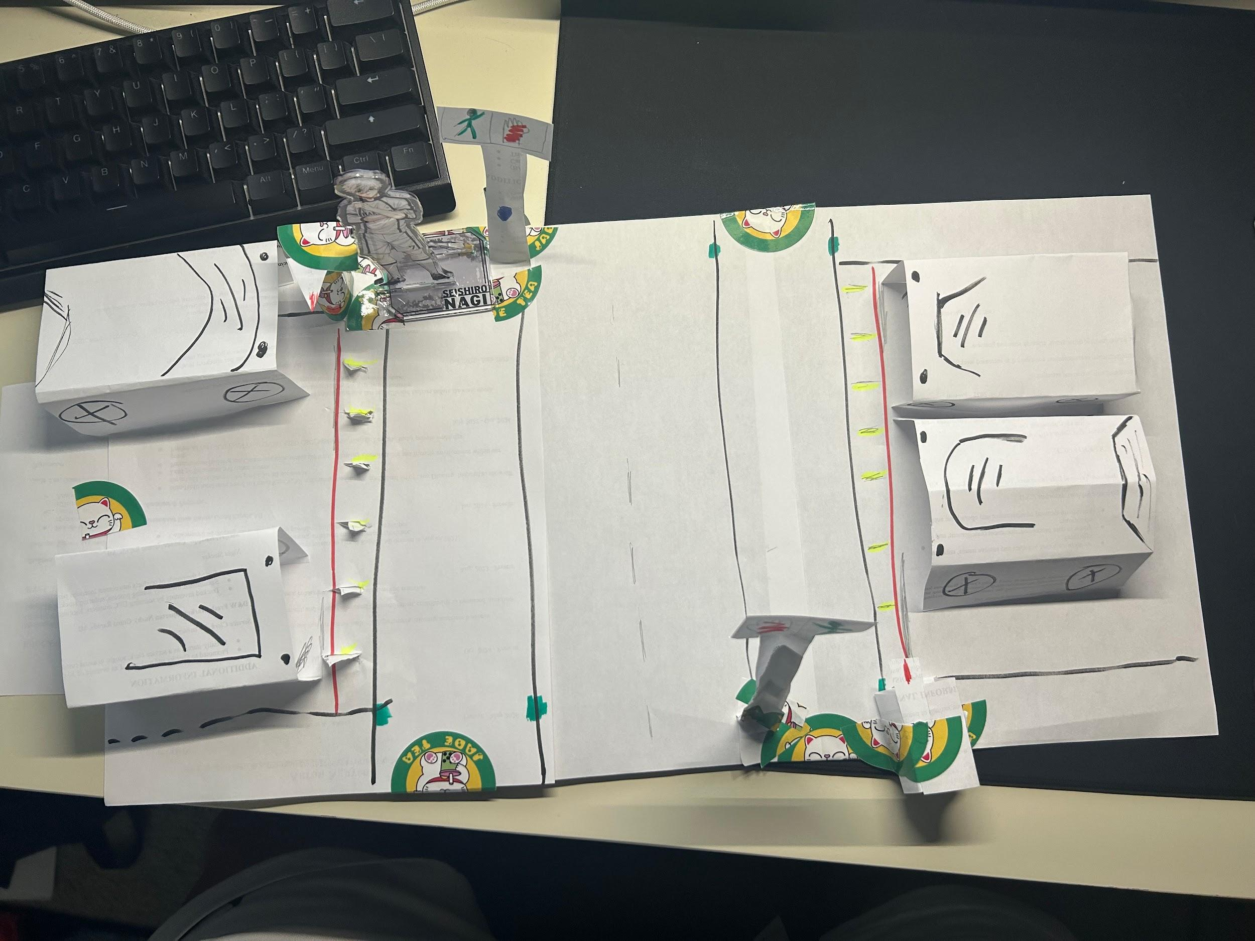 Paper experience prototype of the retractable road spikes concept, simulating a crosswalk scenario