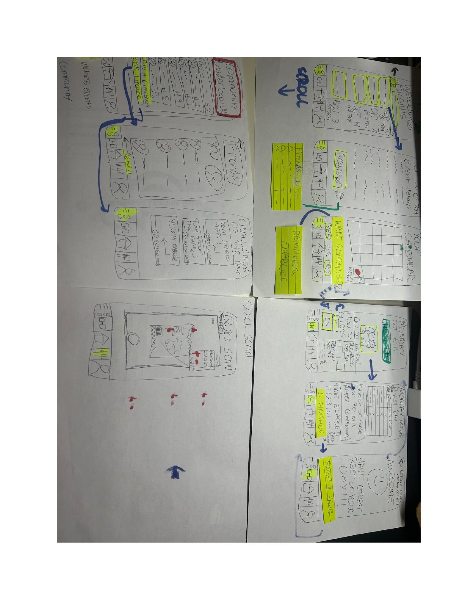 Paper prototype screens: community leaderboards, friends list, challenge of the day, wellness events calendar with registration, and a Monday workout flow