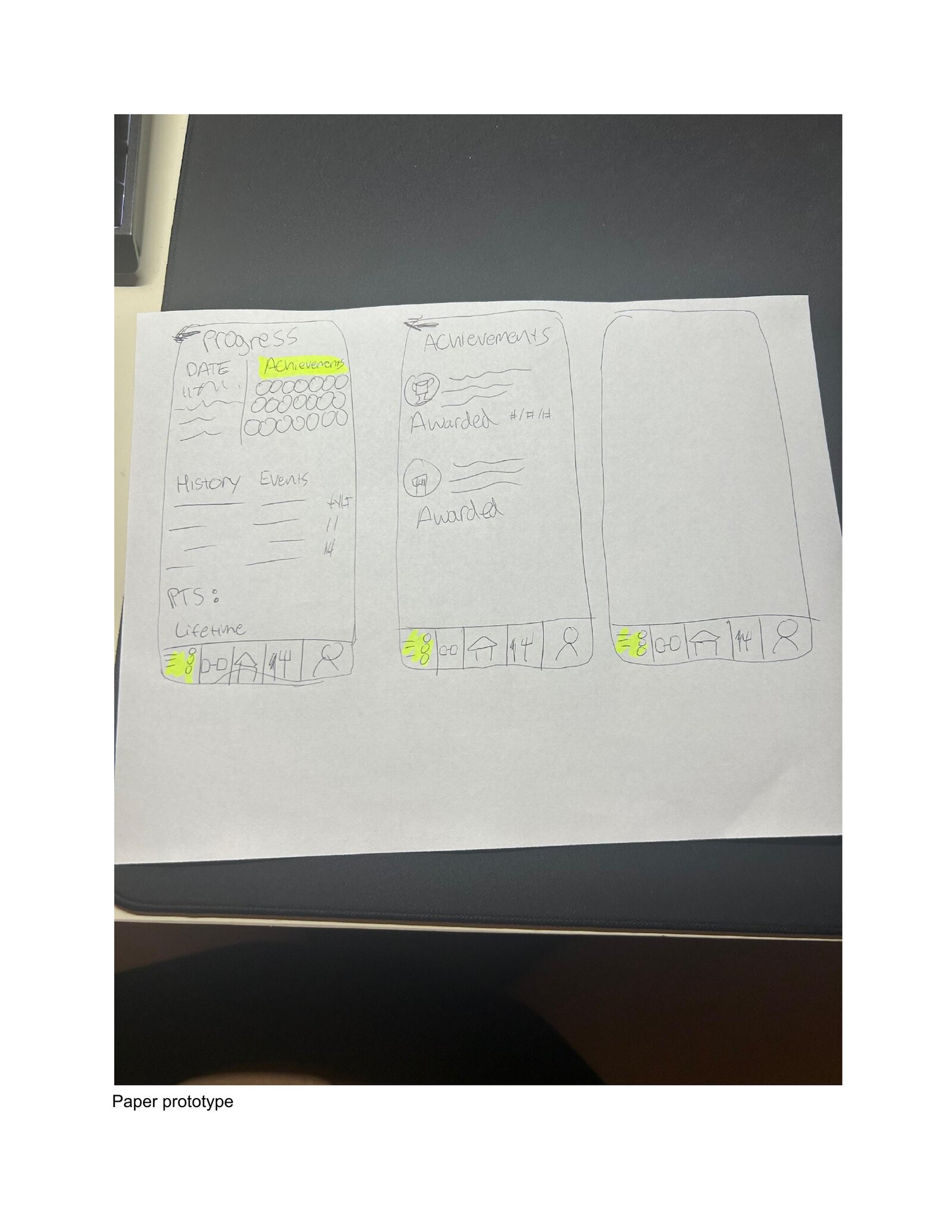 Paper prototype screens: progress and achievements pages showing history, points, and awarded badges