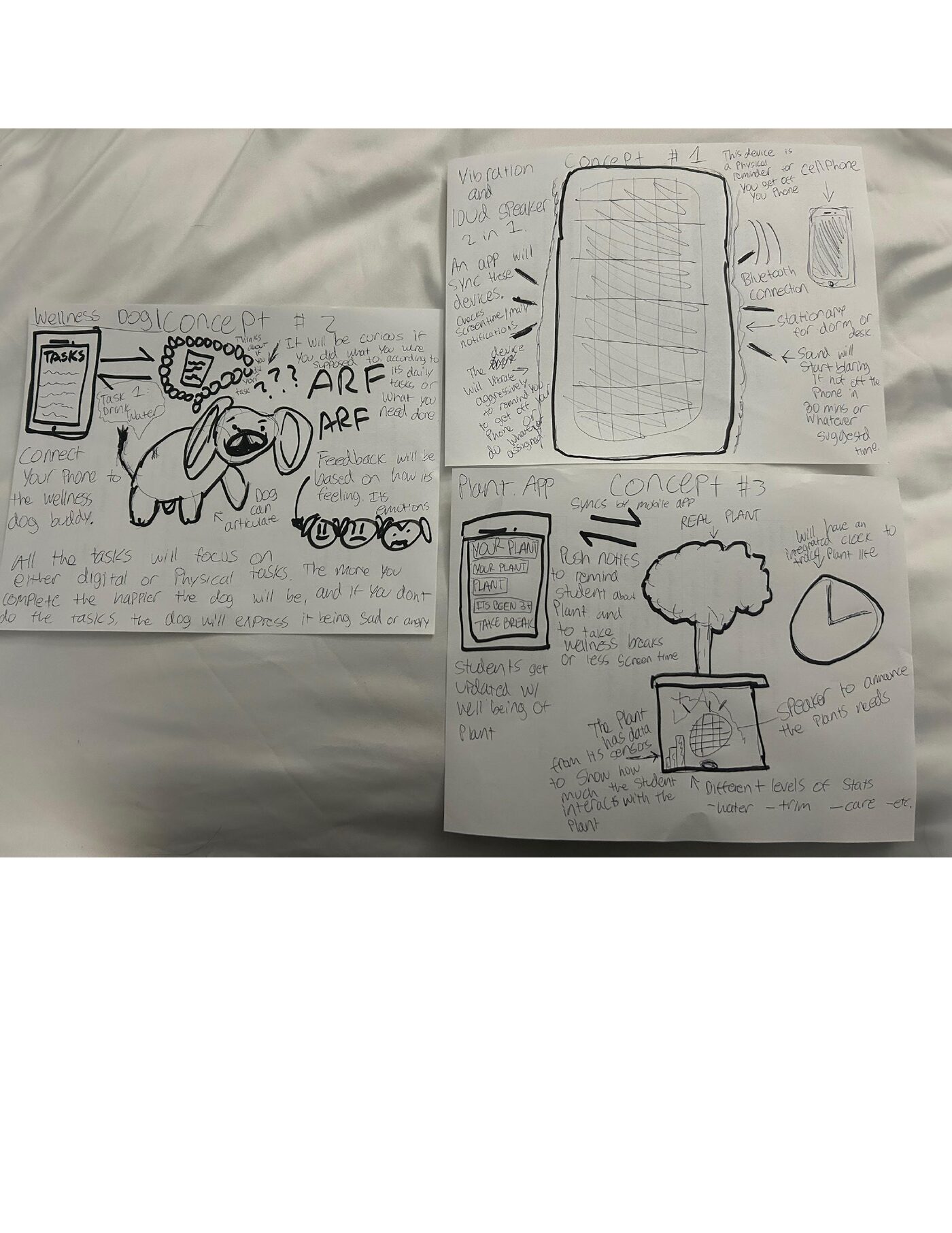 Sketch page comparing the three concepts: the vibration and speaker device, the wellness dog, and the plant app