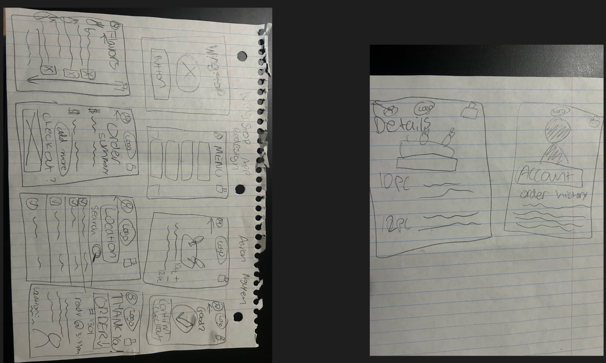 Hand-drawn paper wireframe sketches for the Wingstop redesign, showing flavors, order summary, menu, location, item details, and account screens