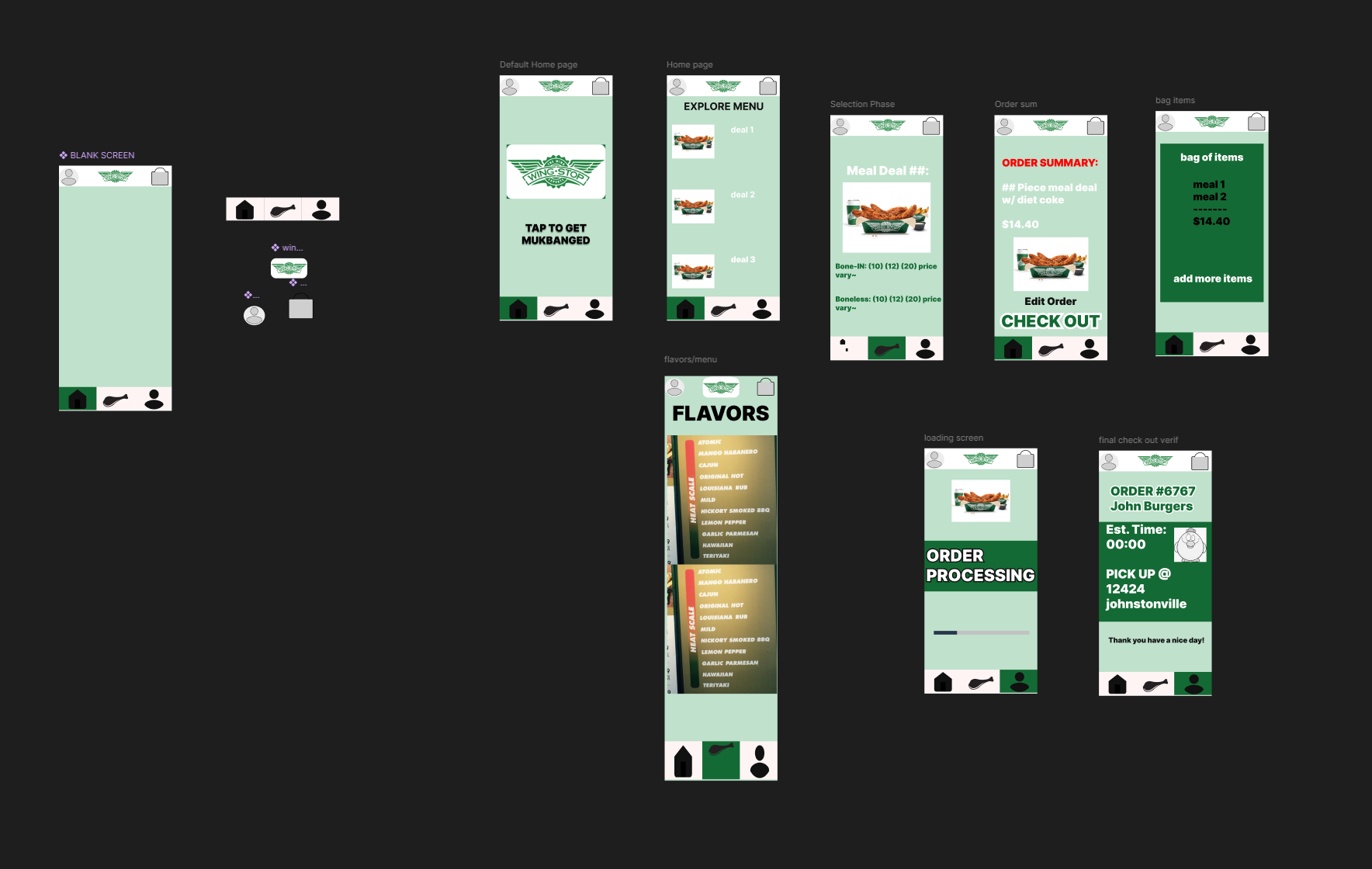 Wingstop redesign wireframes in Figma, showing home, menu, flavor selection, order summary, and checkout screens
